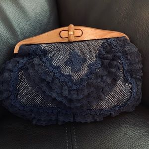70s Vintage Navy Lace Clutch with Wood Handle